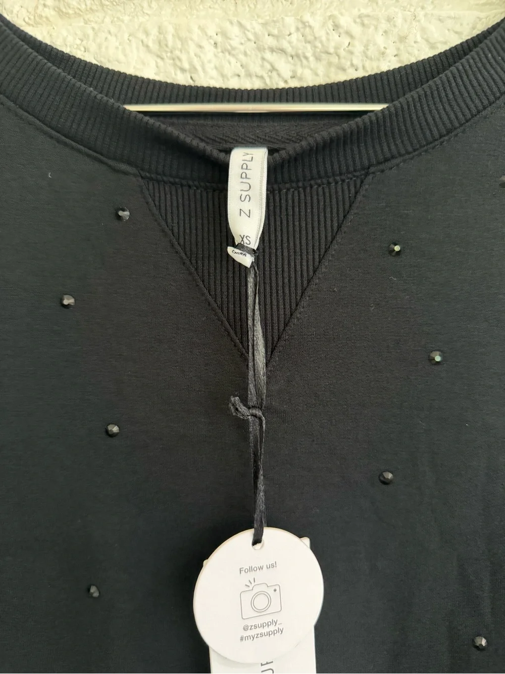Z Supply Black Crewneck Lightweight Sweatshirt with Subtle Rhinestones